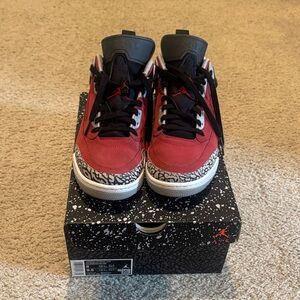 Jordan Red and Black Sneakers with Patterned Accents